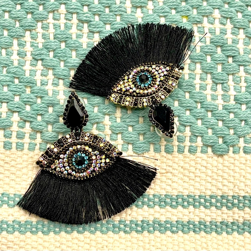 BOHO EVIL EYE CRYSTAL DROP EARRINGS WITH EYELASH TASSEL FRINGE FOR PIERCED EARS - Picture 3 of 6
